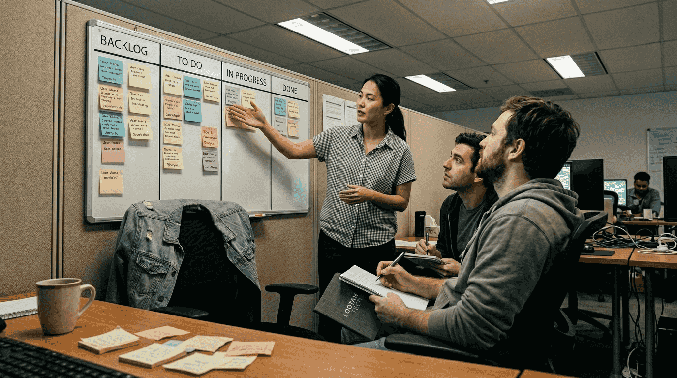 Team reviews Agile board in workspace