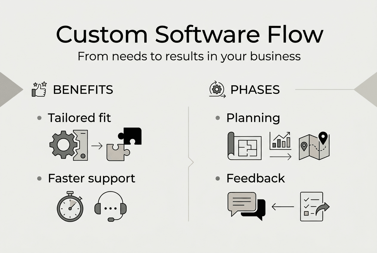 Infographic on benefits and phases of custom software