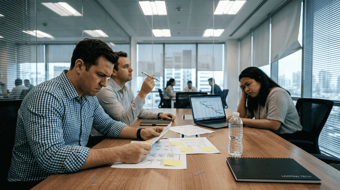 Concerned team reviewing failed project paperwork