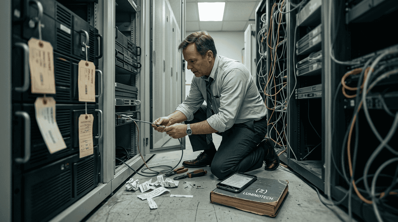 Technician repairing old server equipment