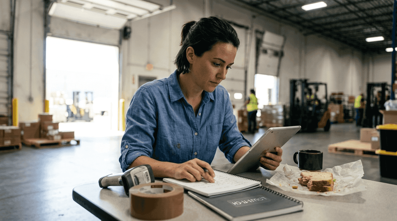 Employee monitoring digital workflow in warehouse