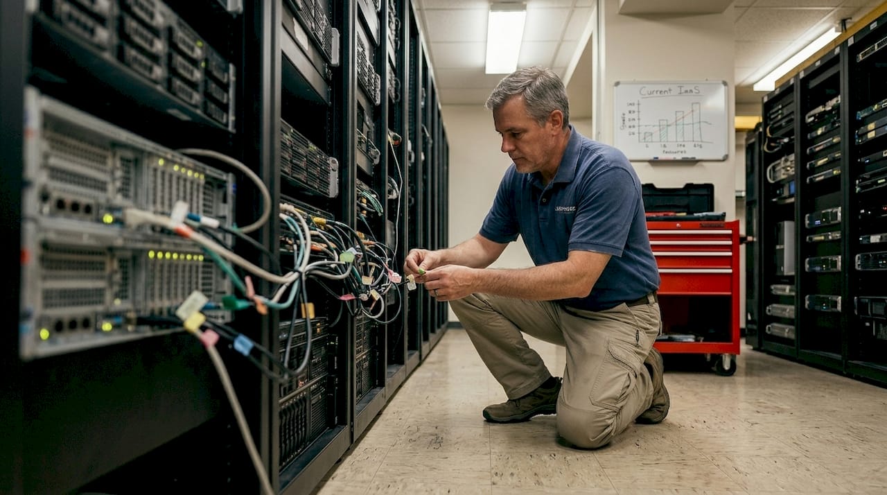 Technician labeling cables in server room