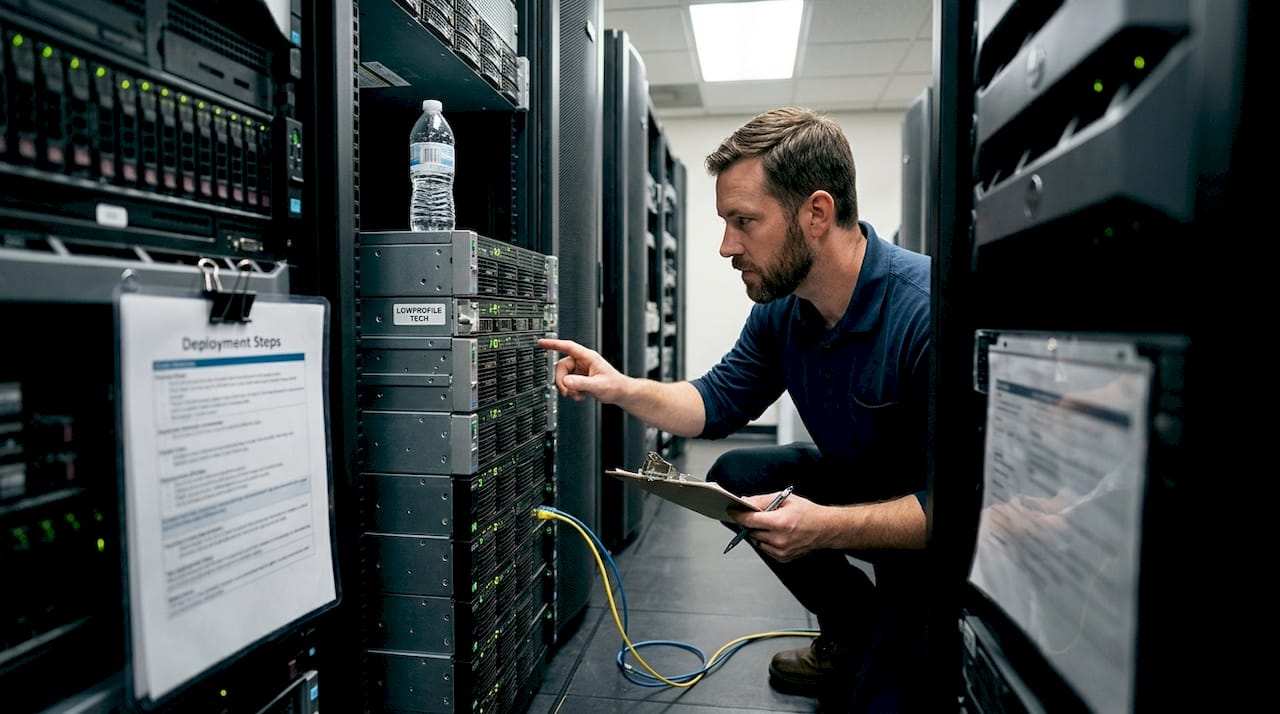 Admin checks server racks during deployment