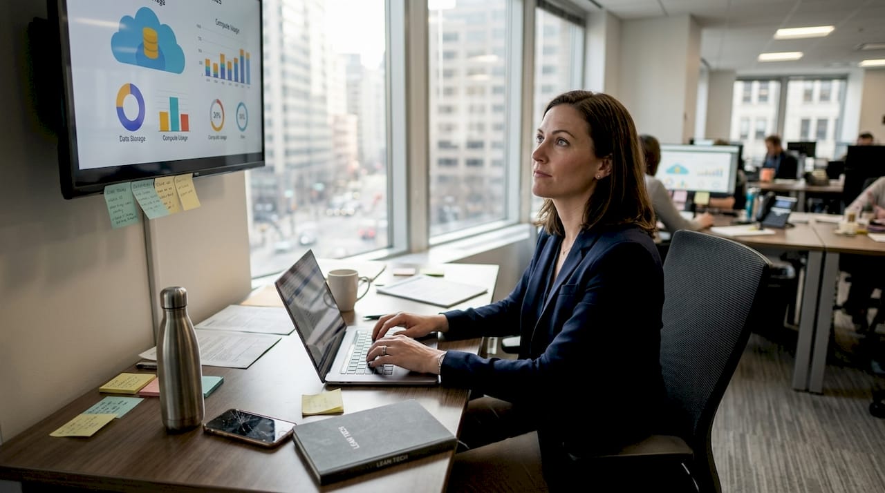 Manager reviewing cloud computing trend charts