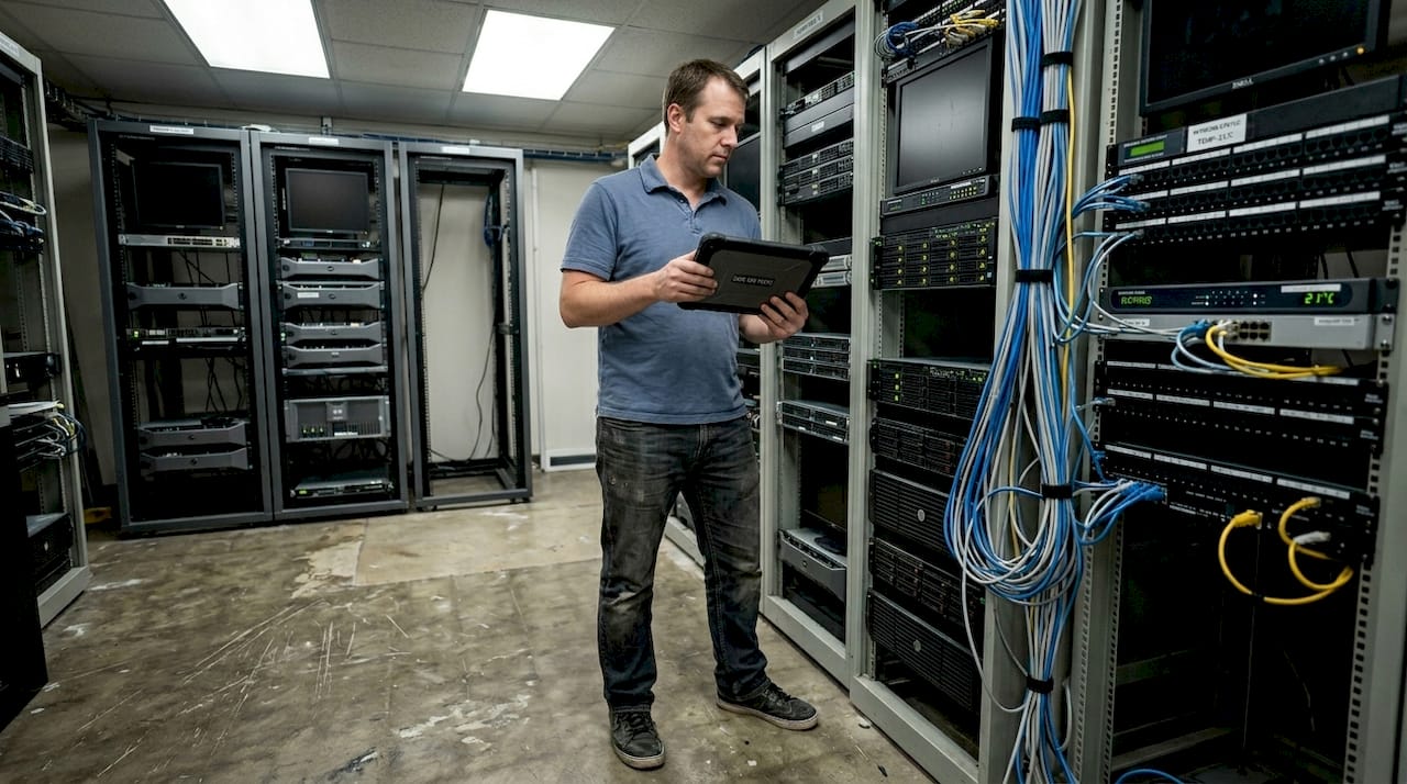 IT specialist checking servers in hybrid cloud