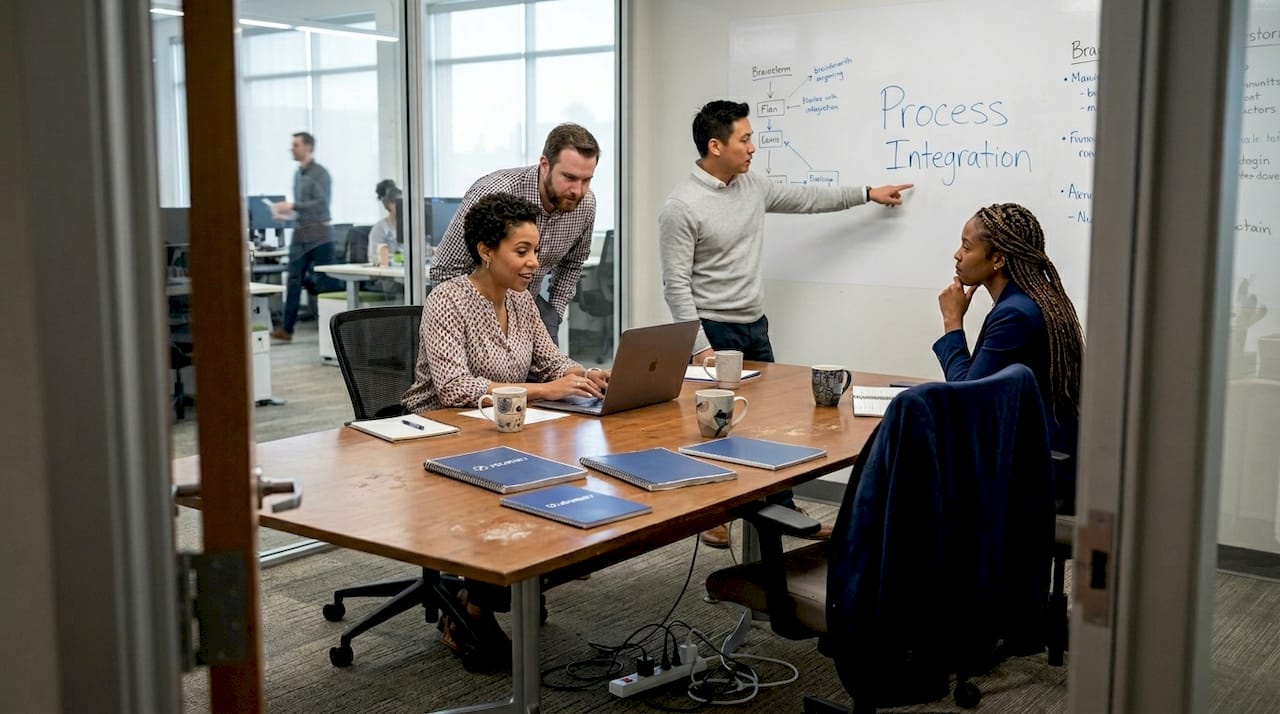 Team using B2B software in meeting