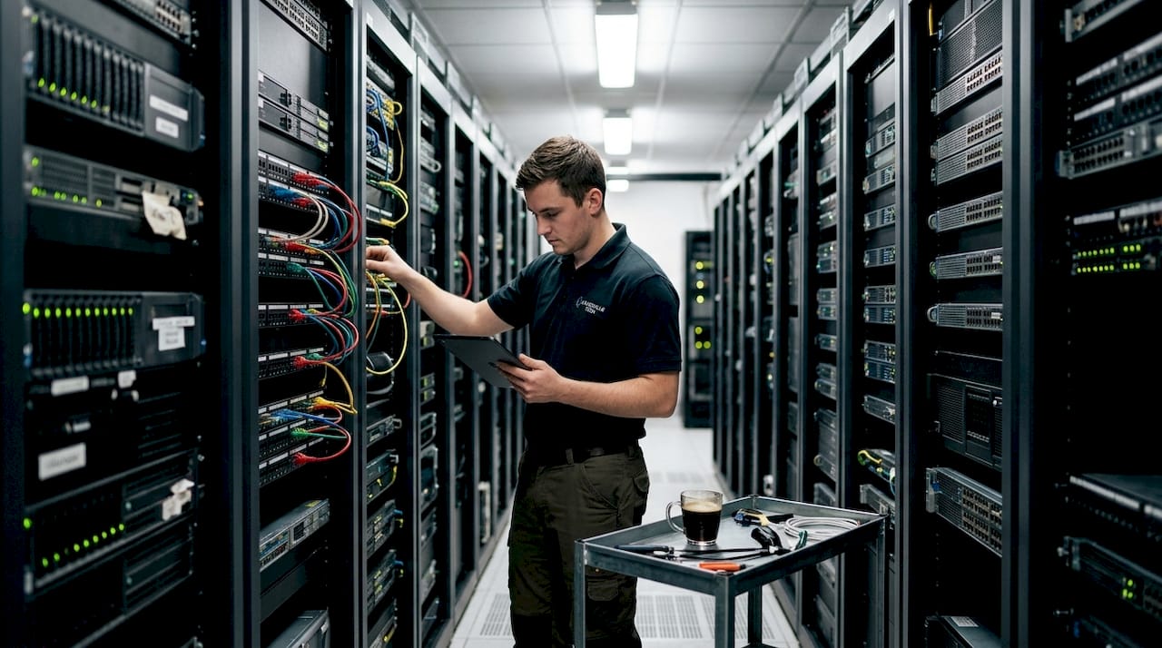 Technician working in public cloud server aisle