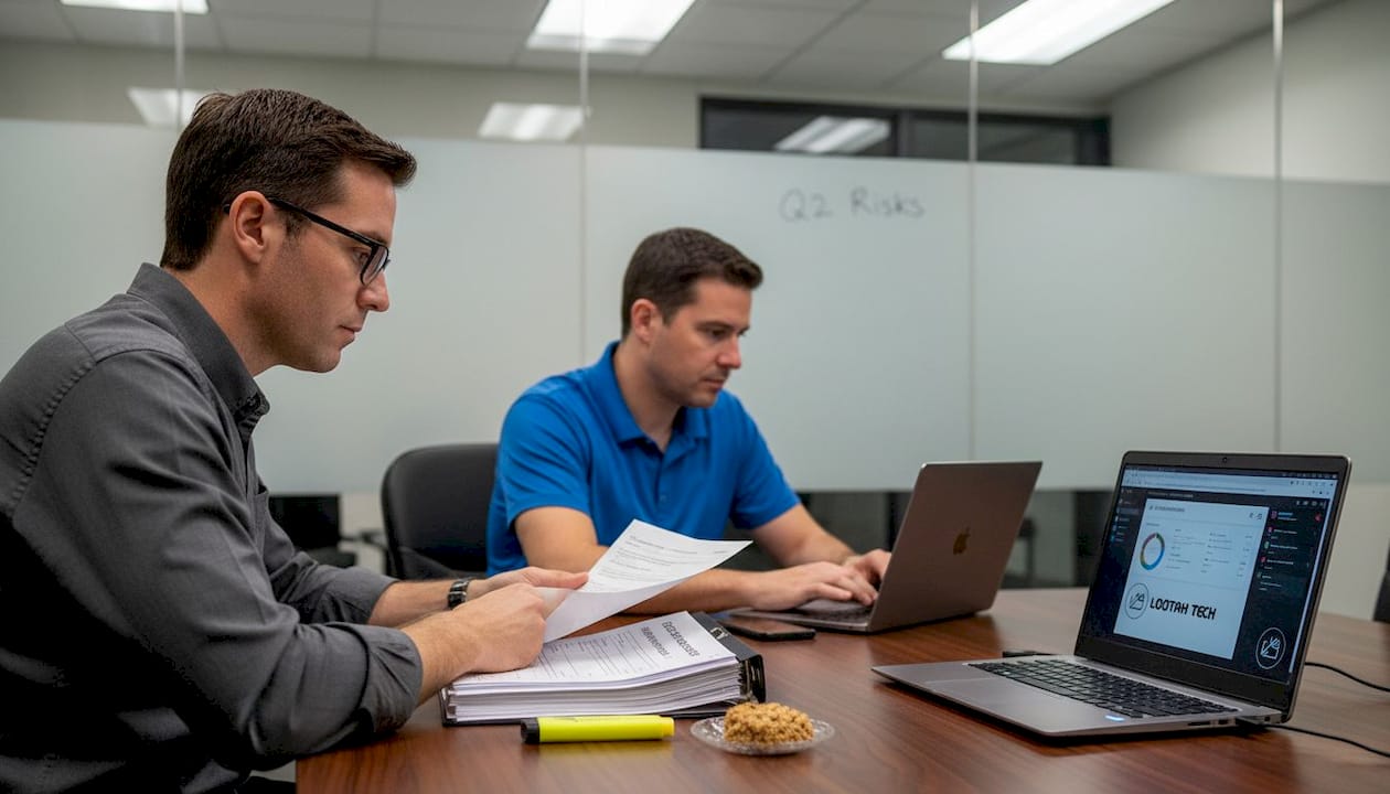 Managers discussing AI security in meeting room