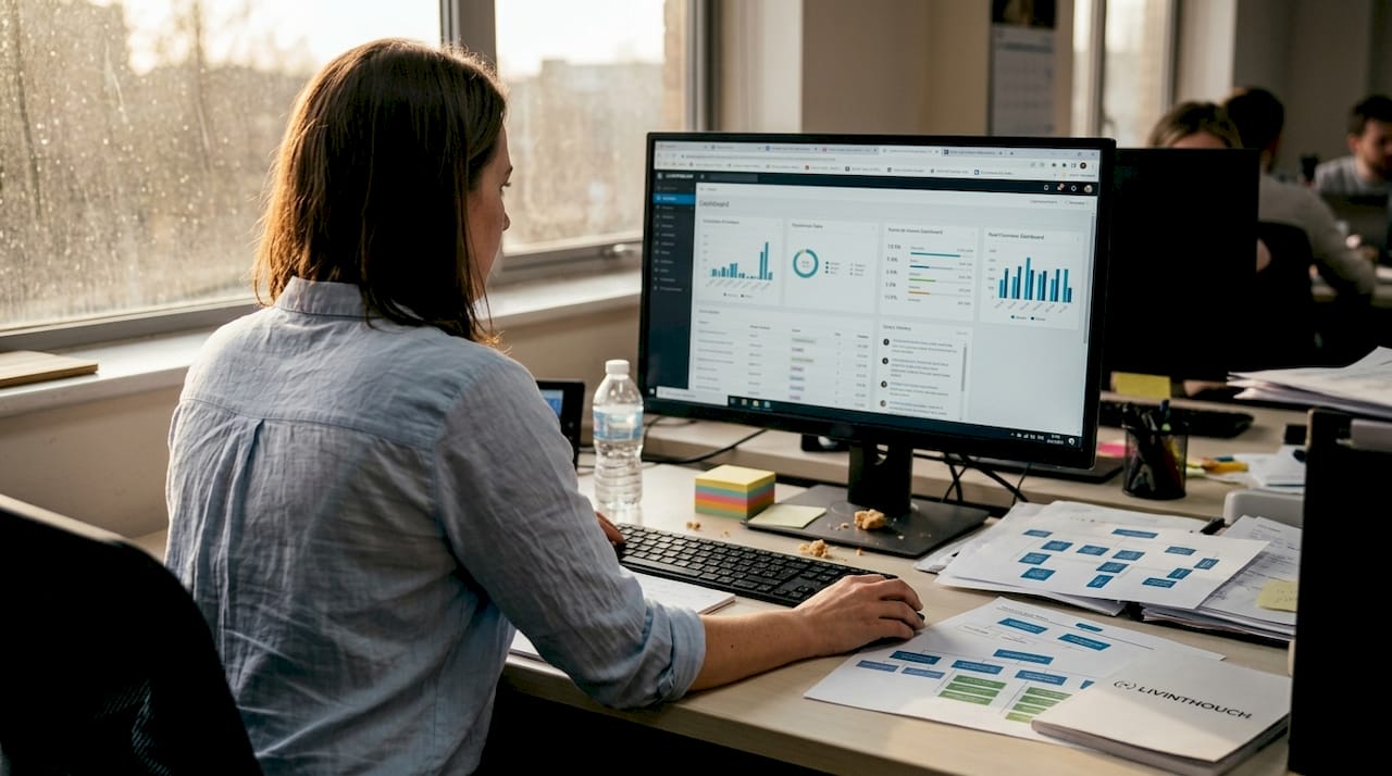 Manager analyzes centralized data at desk