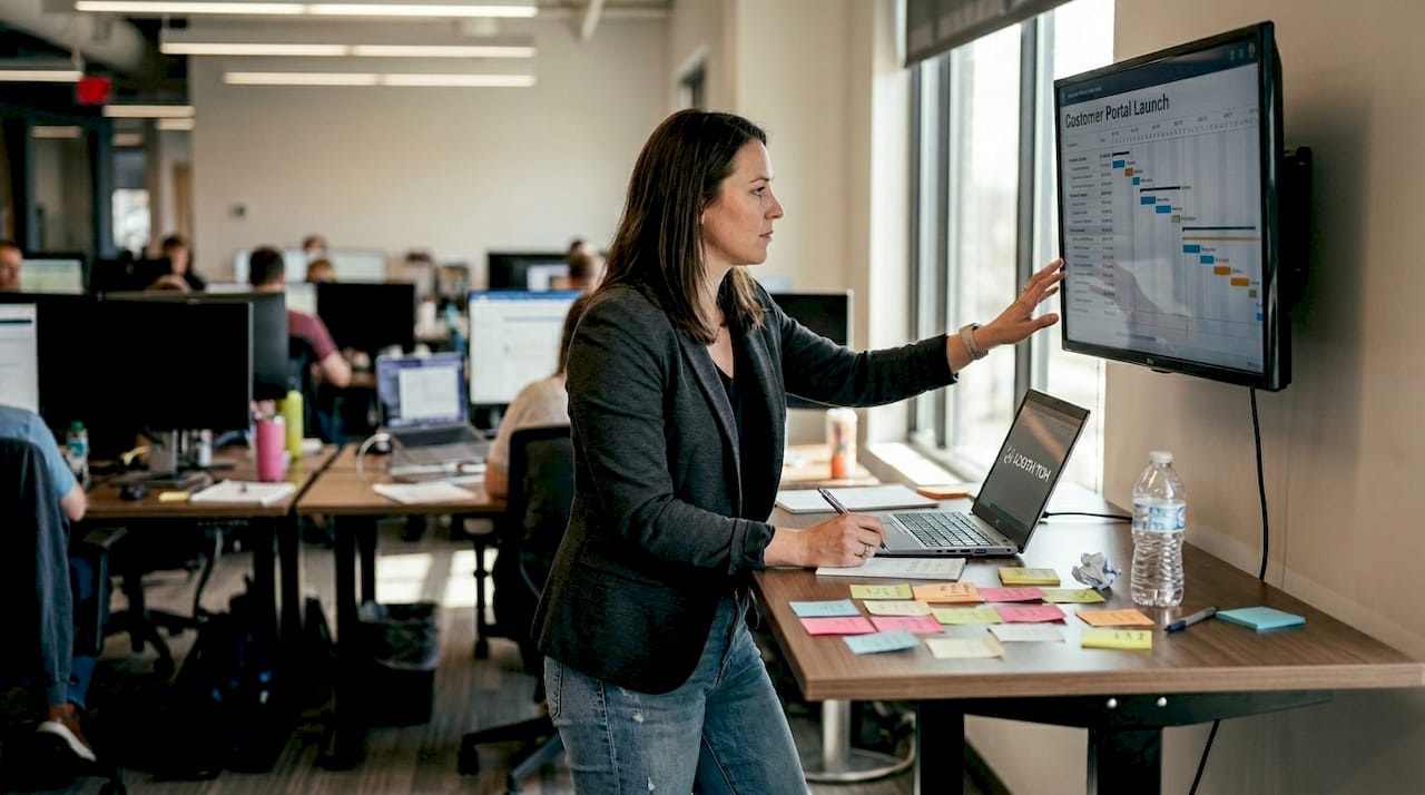 Project manager reviewing portal launch timeline