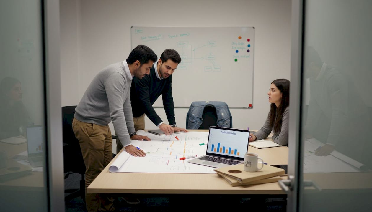 Team reviews profitability data on tech roadmap