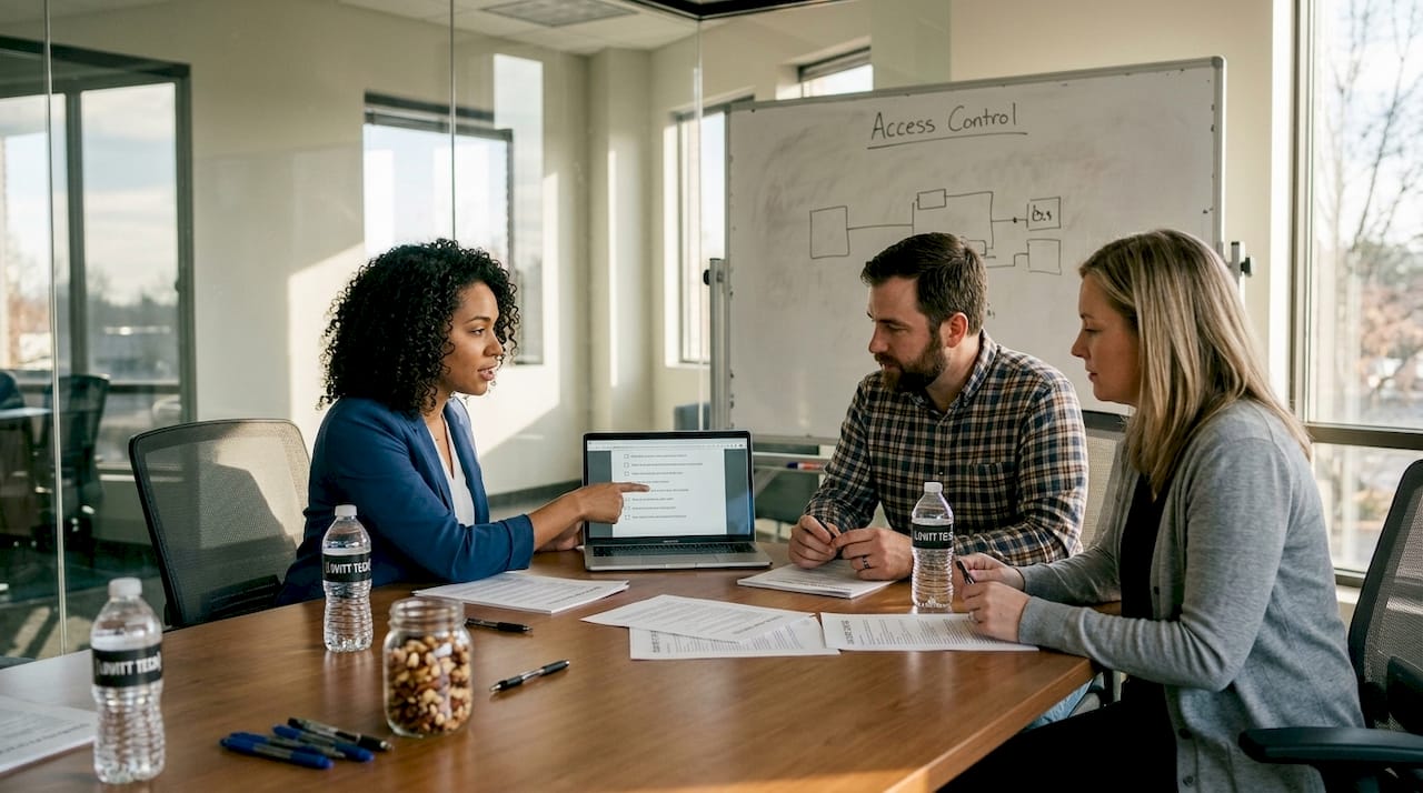 Business team discussing security policy documents