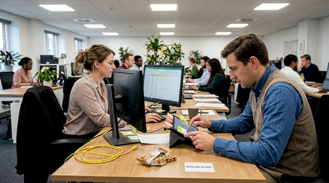 Colleagues collaborating in open-plan security workspace