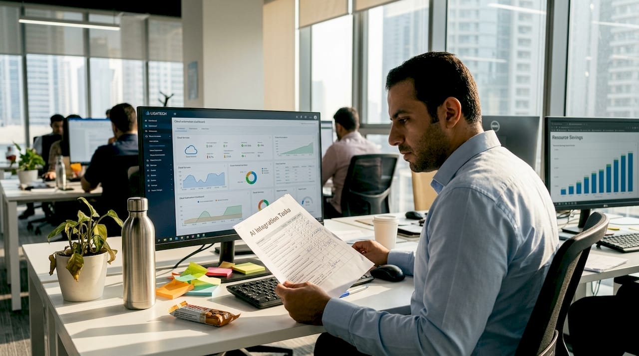 IT manager checks AI cloud integration tasks