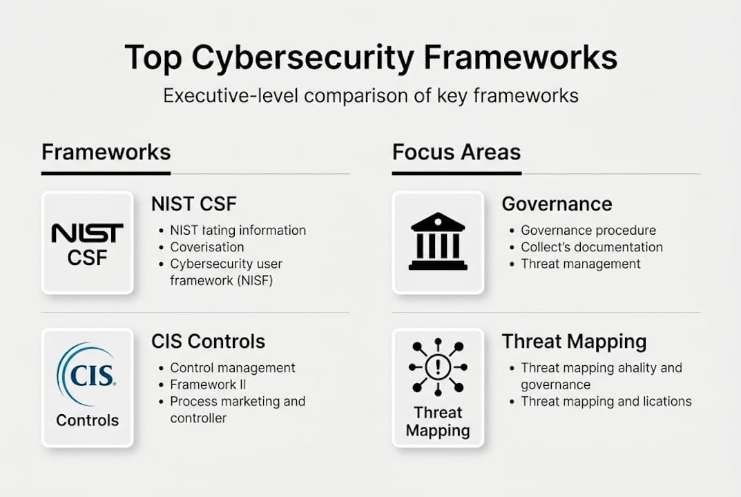 Infographic comparing cybersecurity frameworks and focus areas