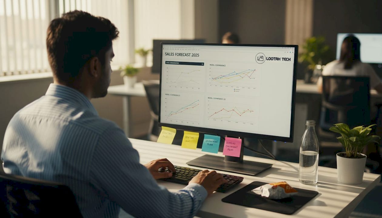 Data analyst reviewing predictive analytics at desk