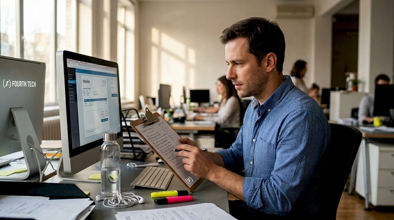 Office worker automating tasks at cluttered desk
