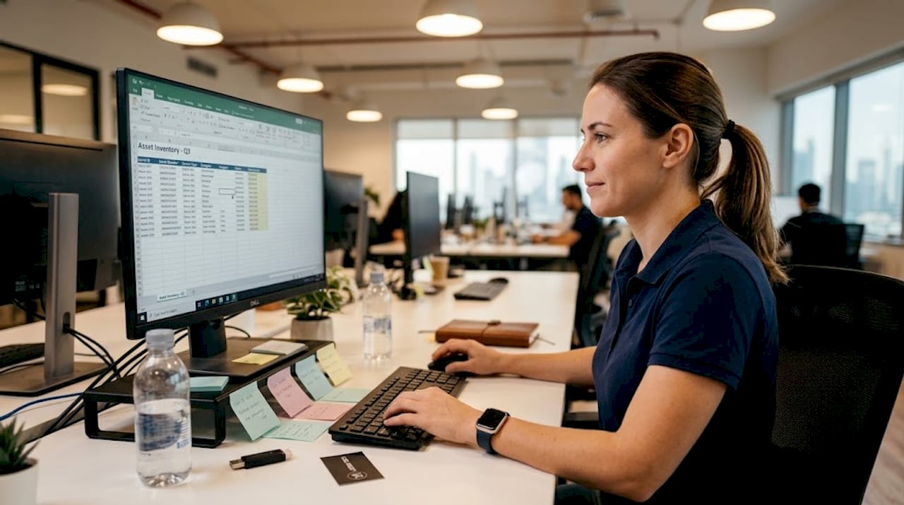 IT manager updates asset inventory at workstation