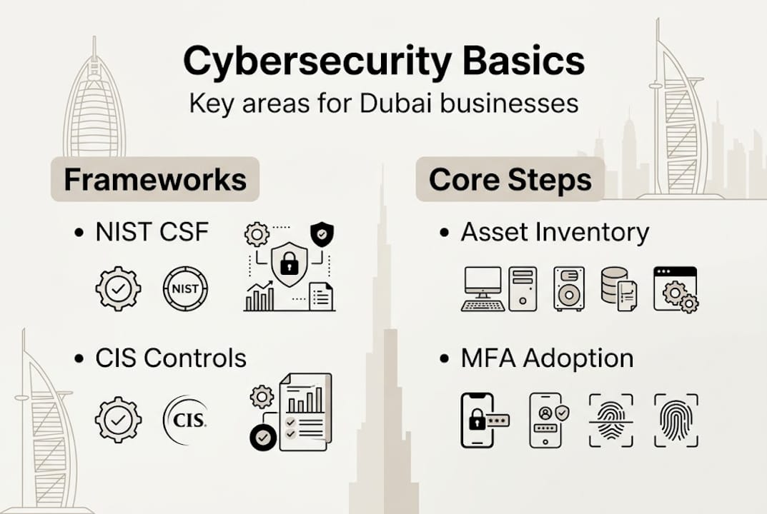 Infographic summarizing cybersecurity core frameworks and steps