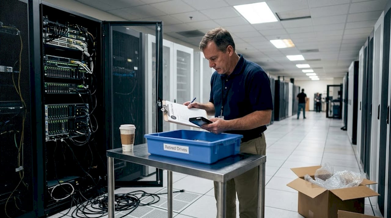IT technician managing e-waste in data center