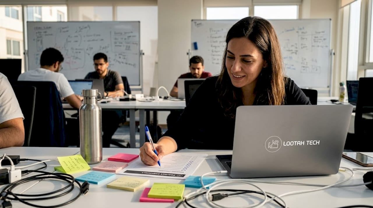 Project manager reviews a digital project checklist