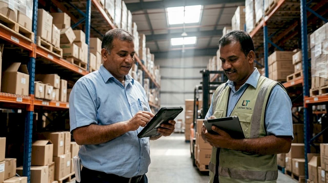 Warehouse supervisor manages logistics via tablet