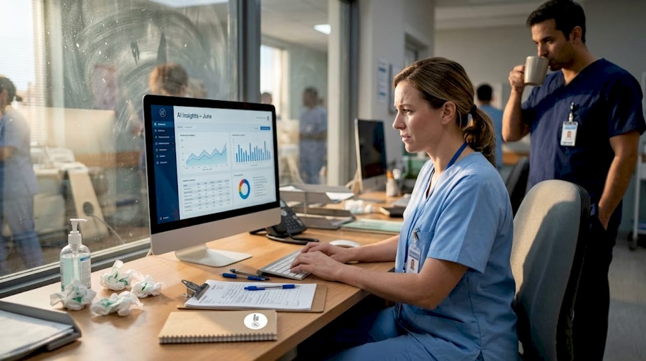 Nurse reviews AI healthcare dashboard results