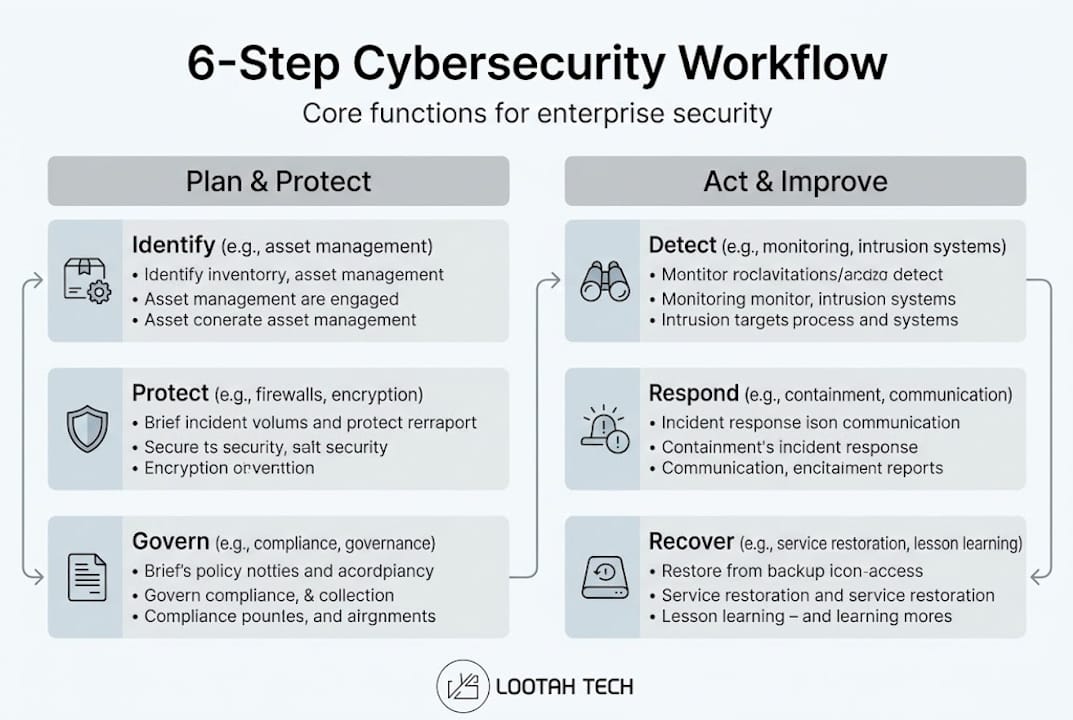 Infographic with six workflow steps and categories
