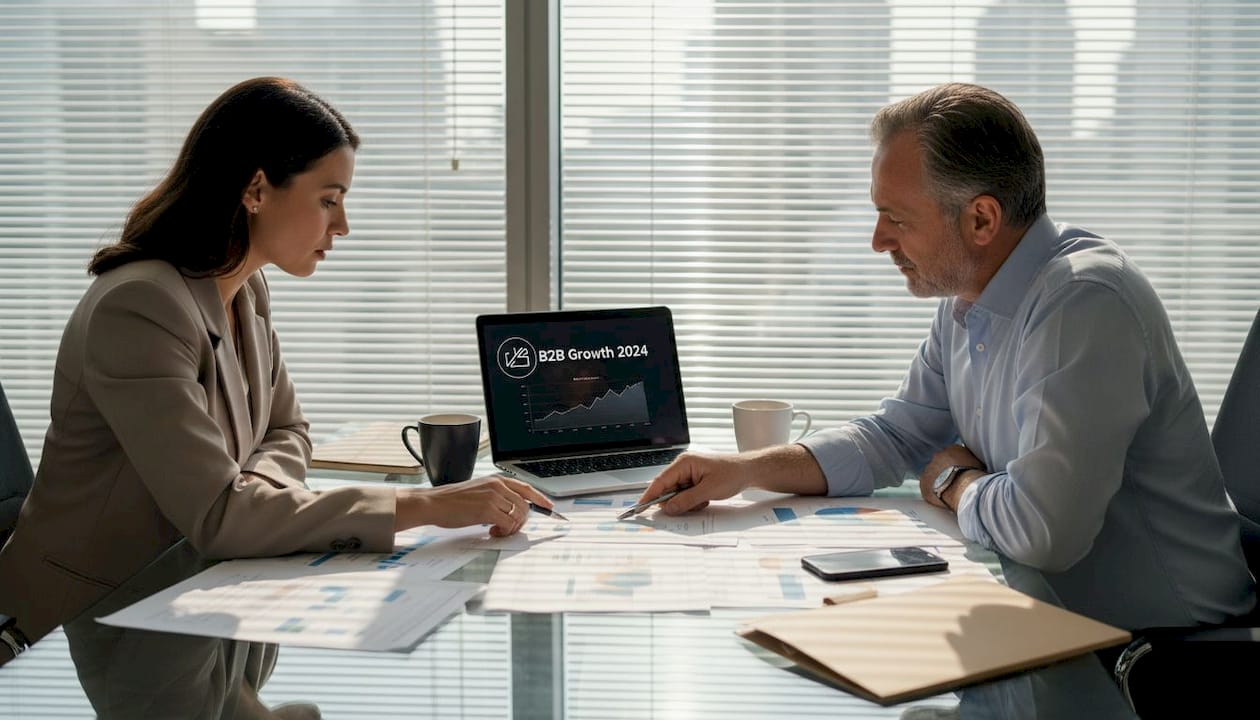 Colleagues discussing B2B market report in office