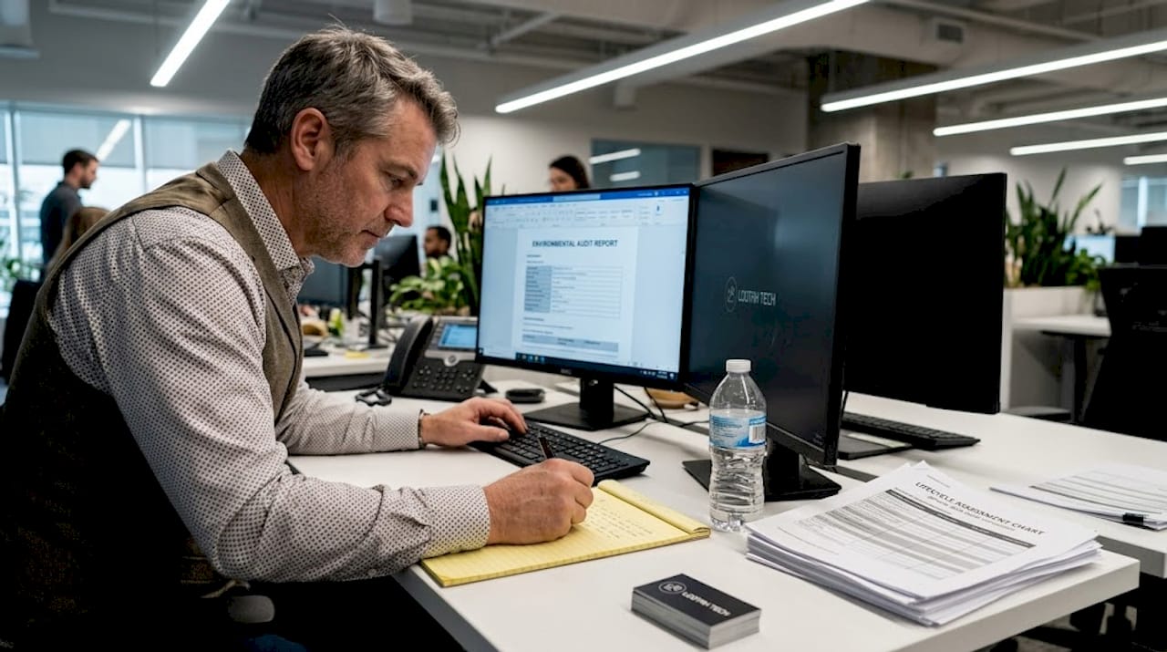 IT manager reviewing sustainability audit at desk