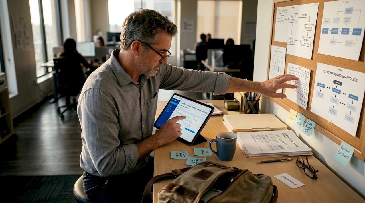 Manager reviewing software workflow at desk