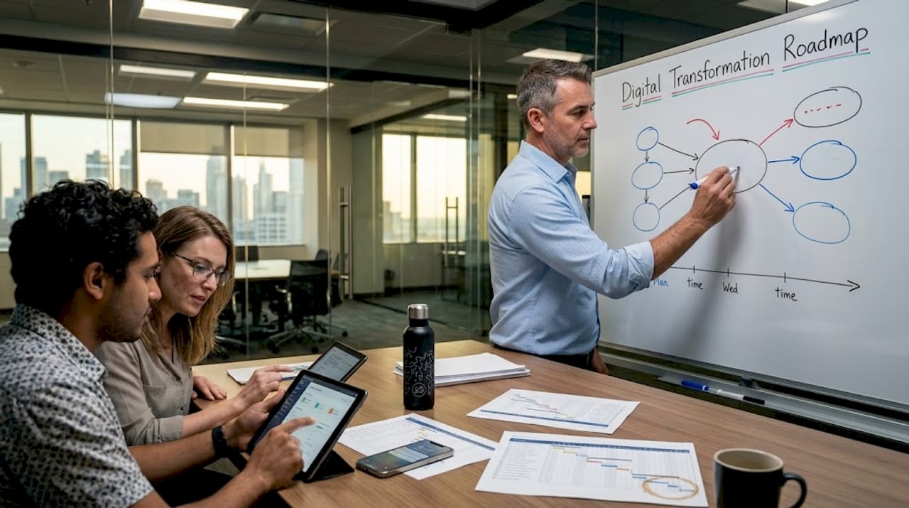 Manager sketches digital roadmap in meeting room