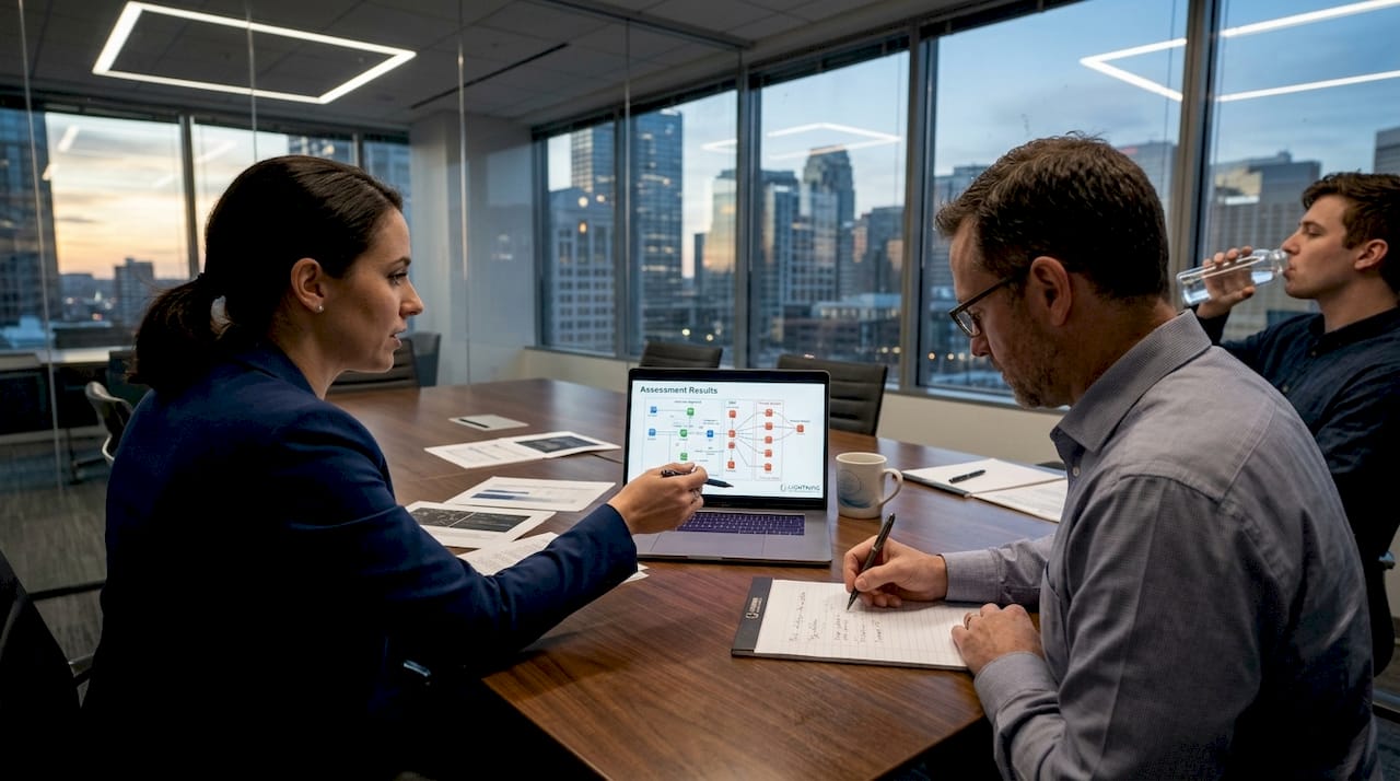 Analyst and team review cybersecurity assessment results