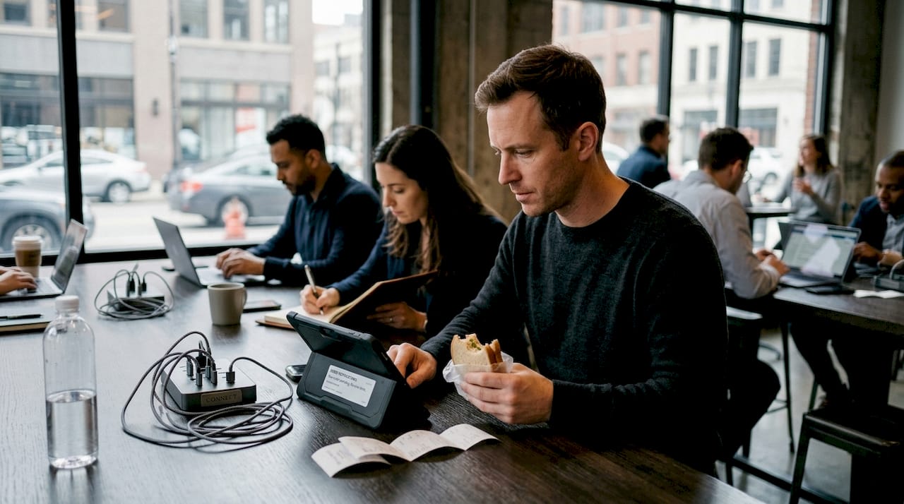 Worker using digital platform in coworking space