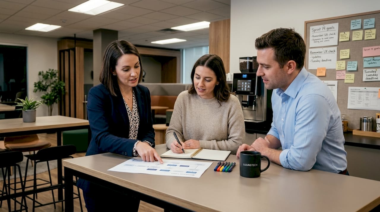 IT specialists discuss workflow automation with printout
