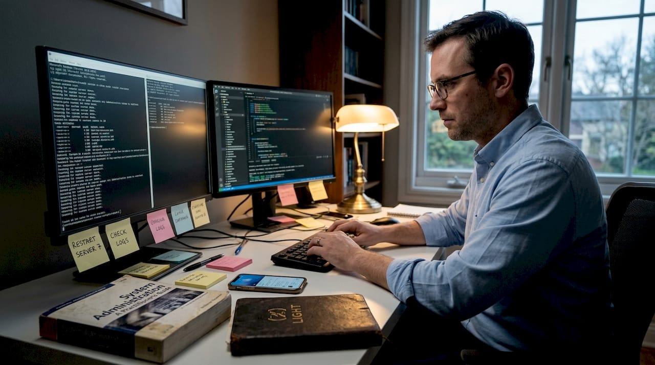 IT engineer troubleshooting at dual-monitor desk