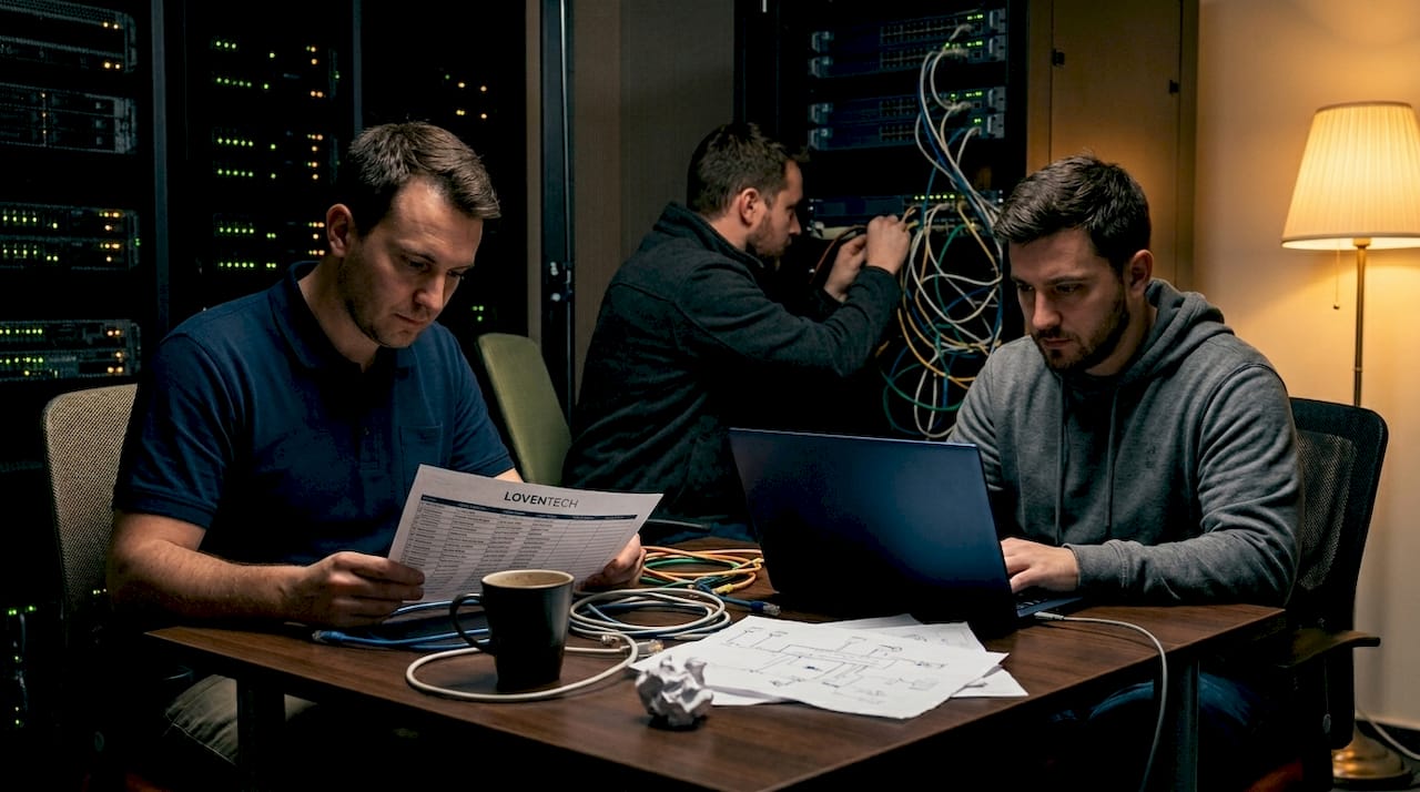 Tech team applying risk-aware patches in server room