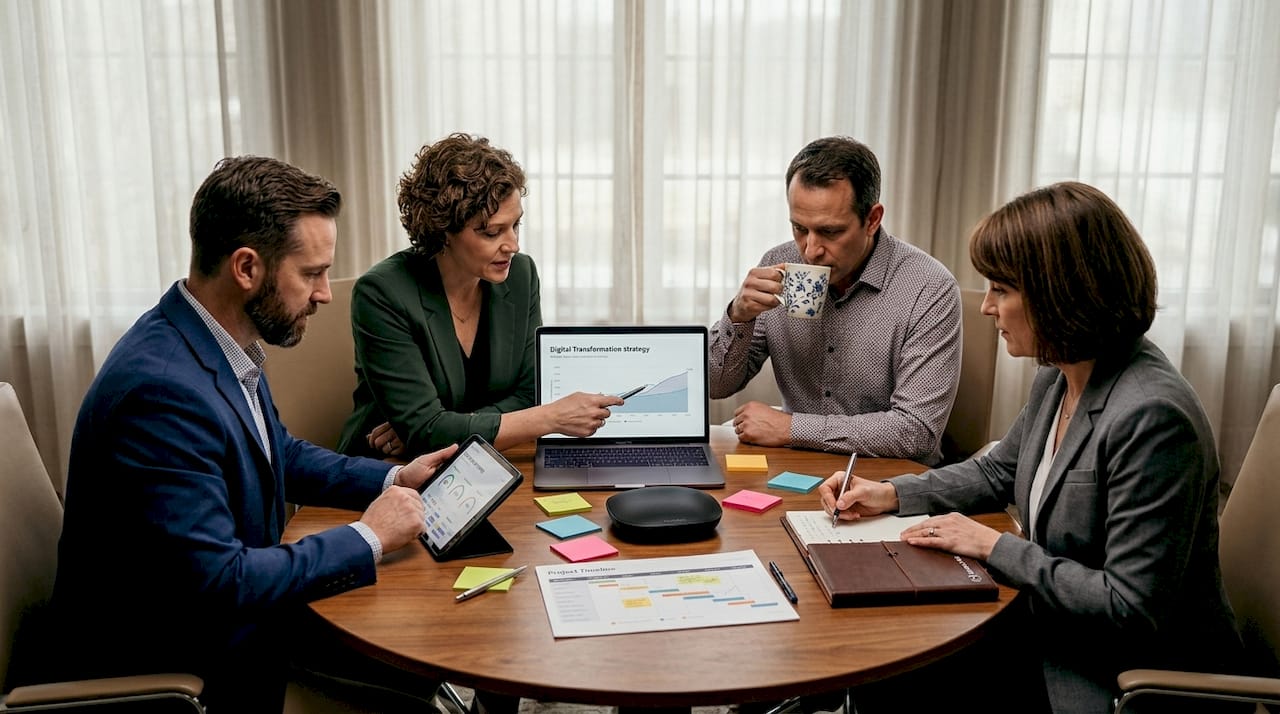 Team discussing technology strategy in meeting