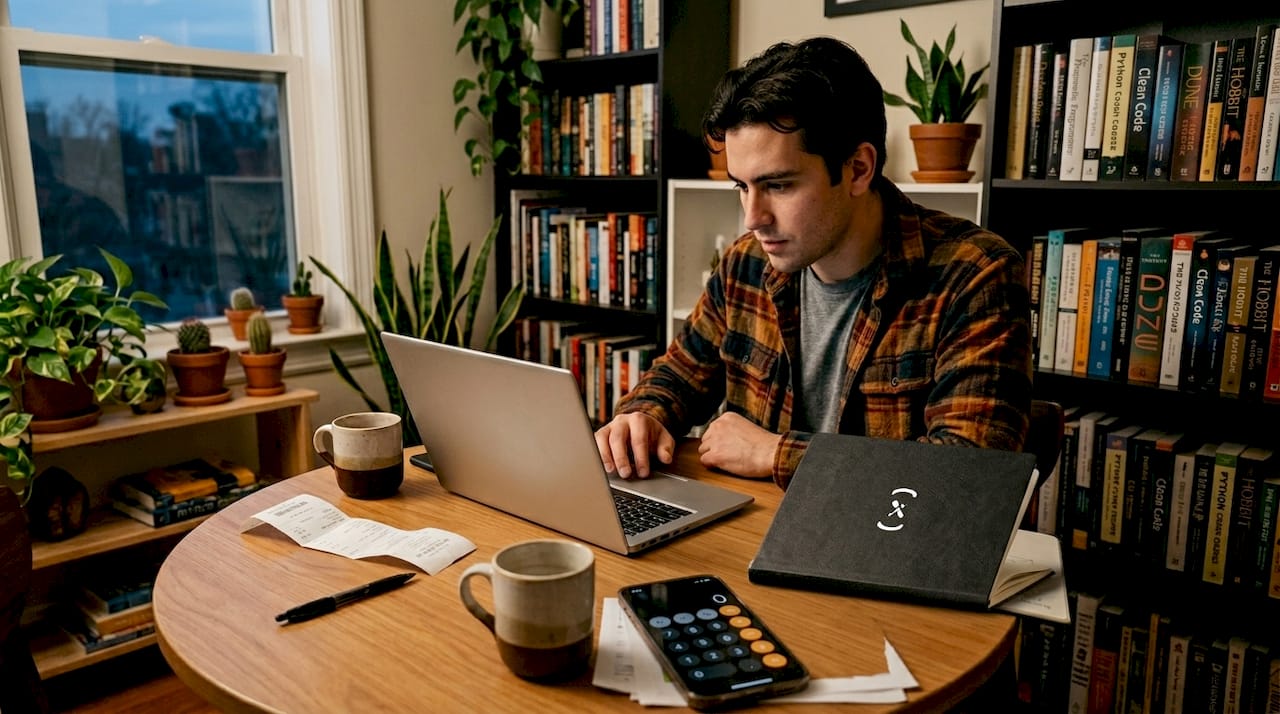 Developer updating app budget at kitchen table
