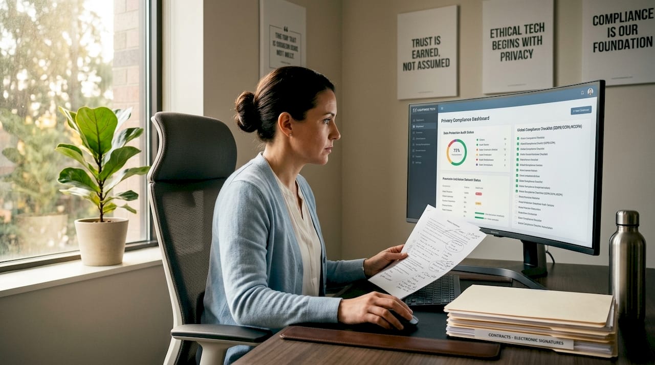 Manager reviewing data privacy compliance steps
