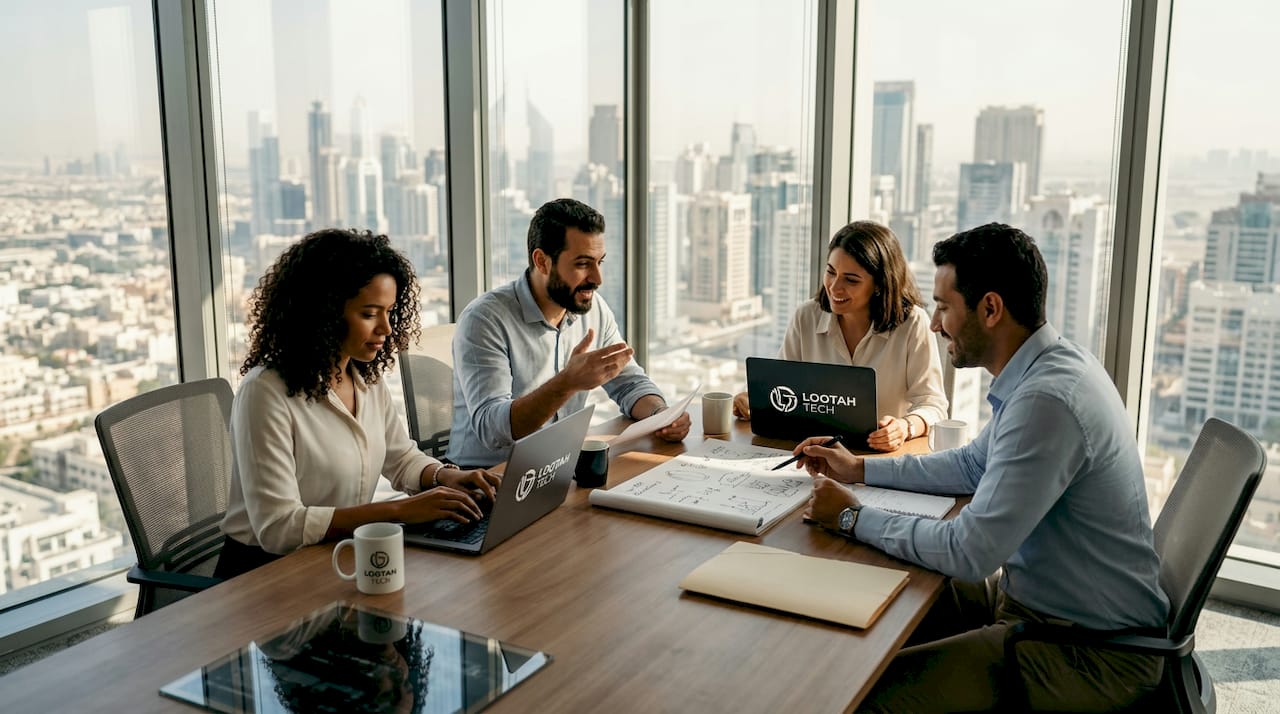 Business team discussing automation tools in office