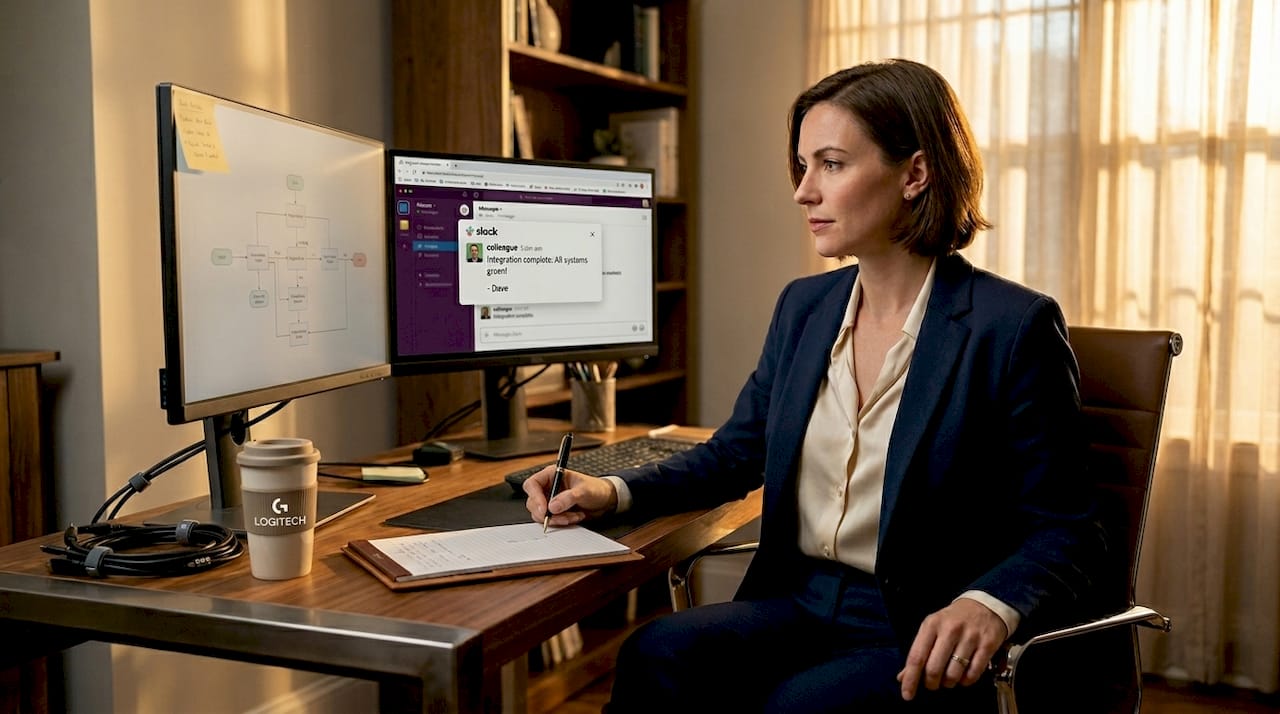 IT manager integrating business software at desk