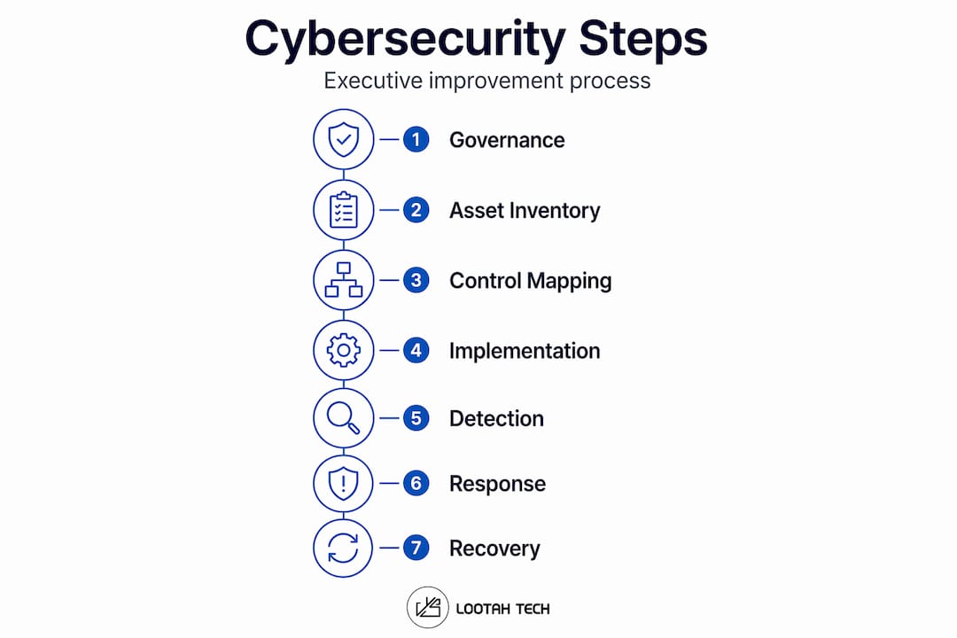 Infographic with cybersecurity improvement process flow