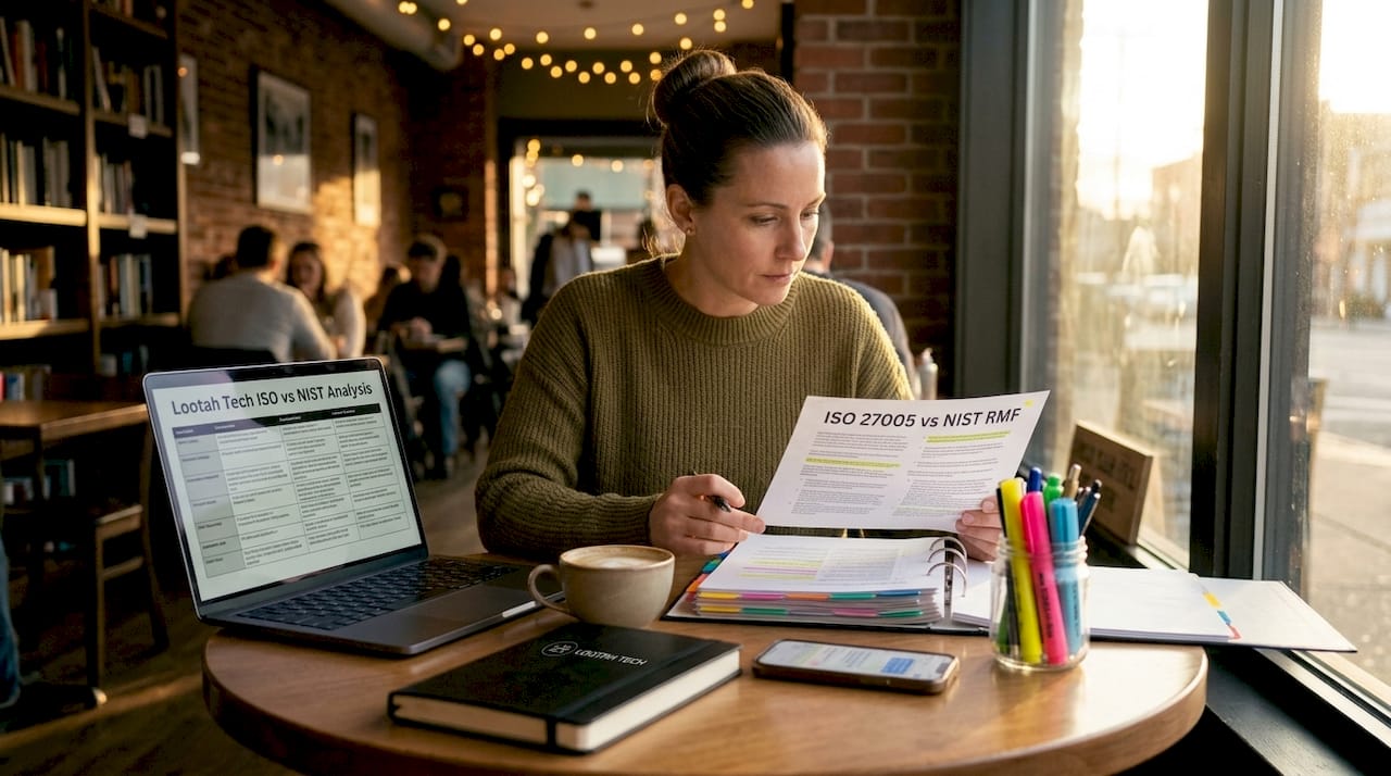 Professional comparing cybersecurity frameworks with documents