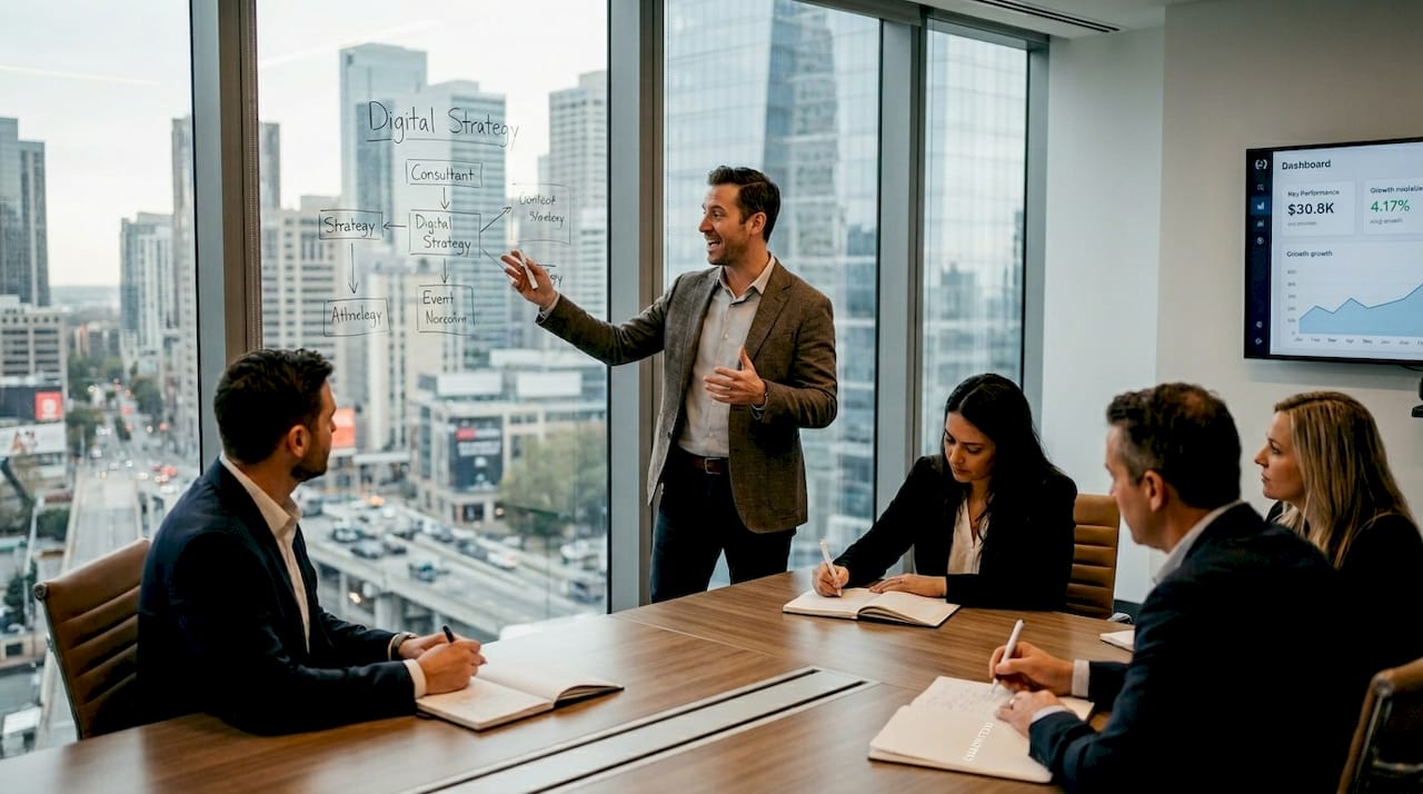 Consultant discussing digital strategy with business team