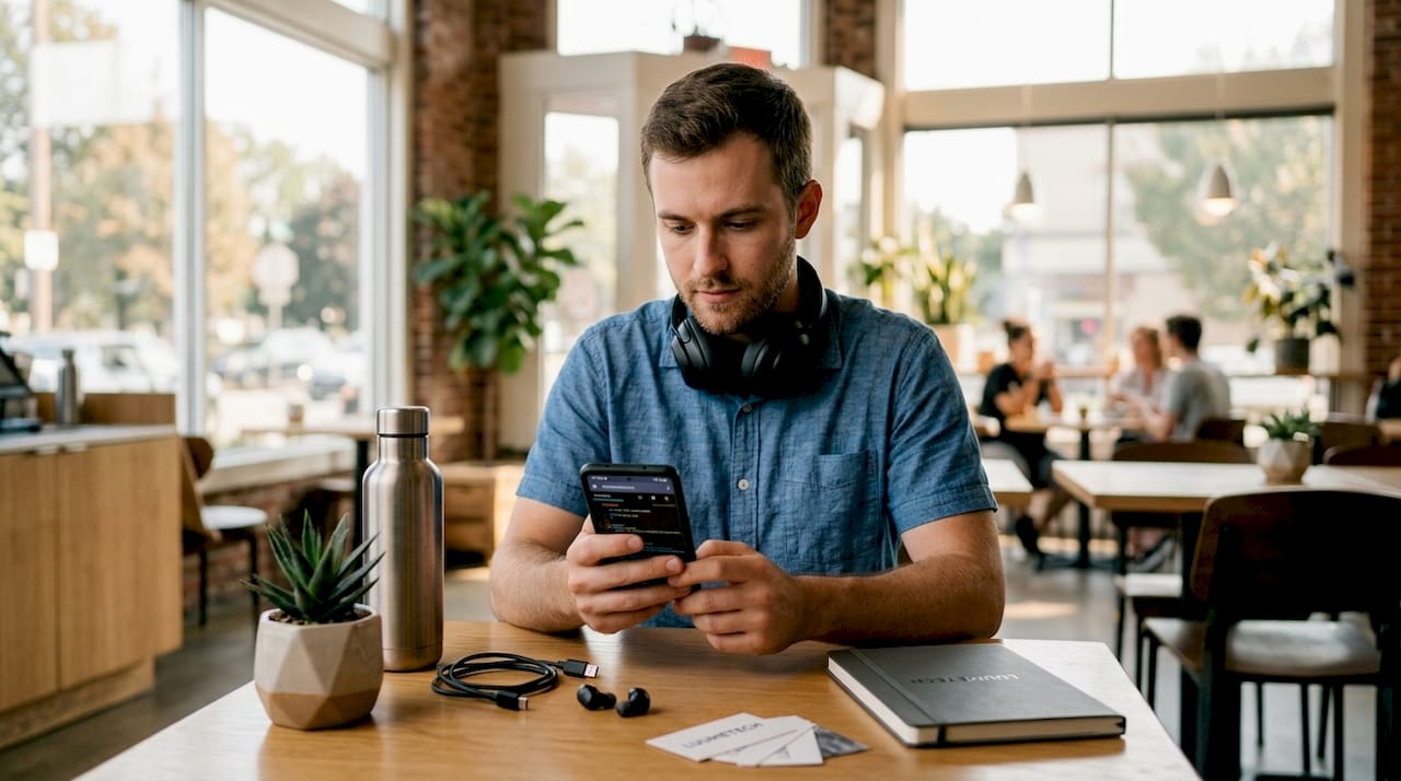Developer testing mobile app interface at home office