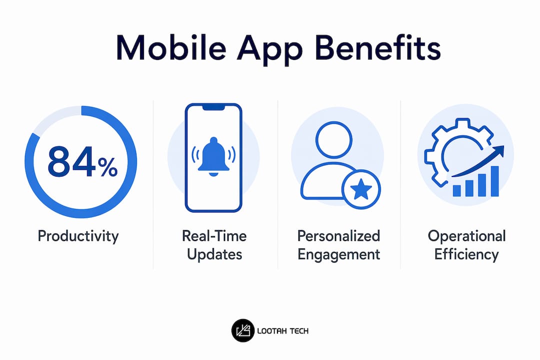 Infographic showing four key mobile app benefits for business