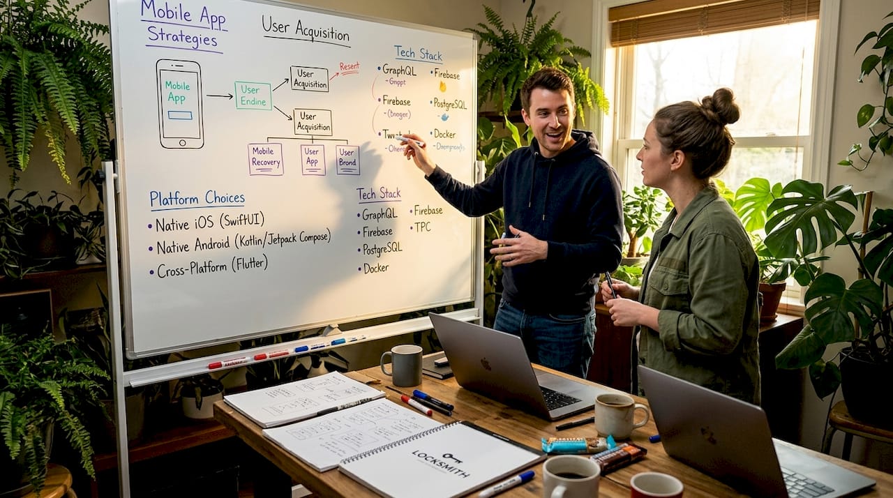 Developers discussing mobile app planning in office