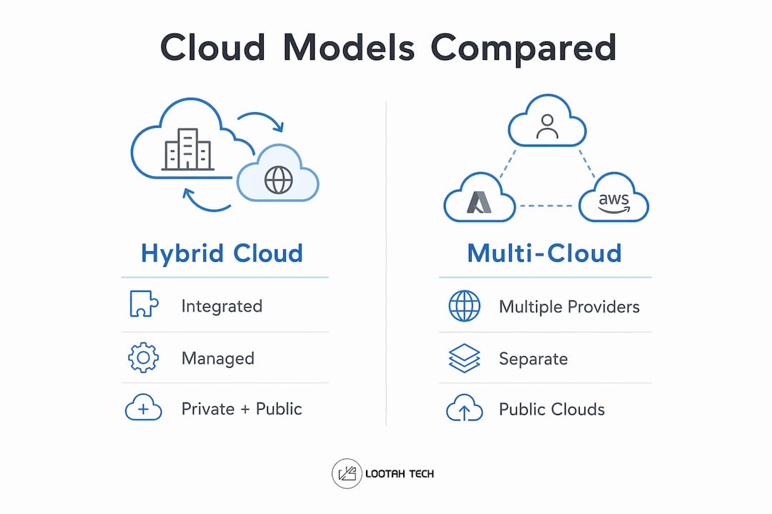 Infographic comparing hybrid cloud and multi-cloud models