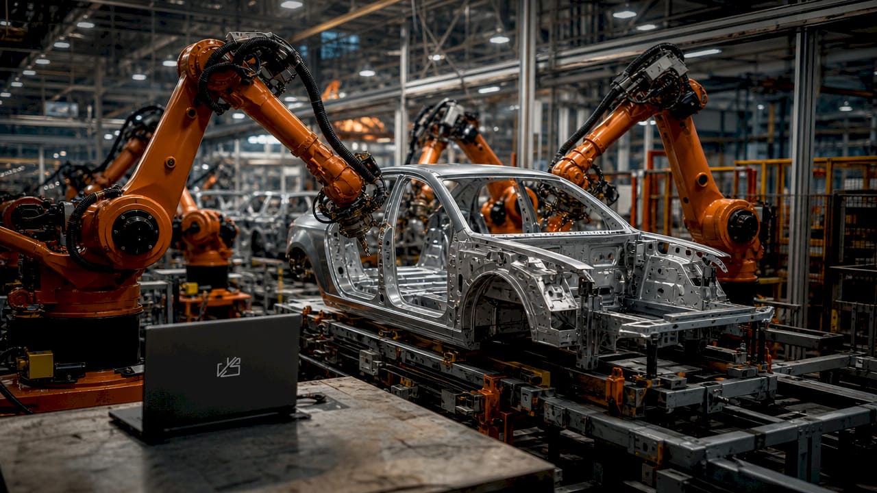 Robotic arms assembling car frame